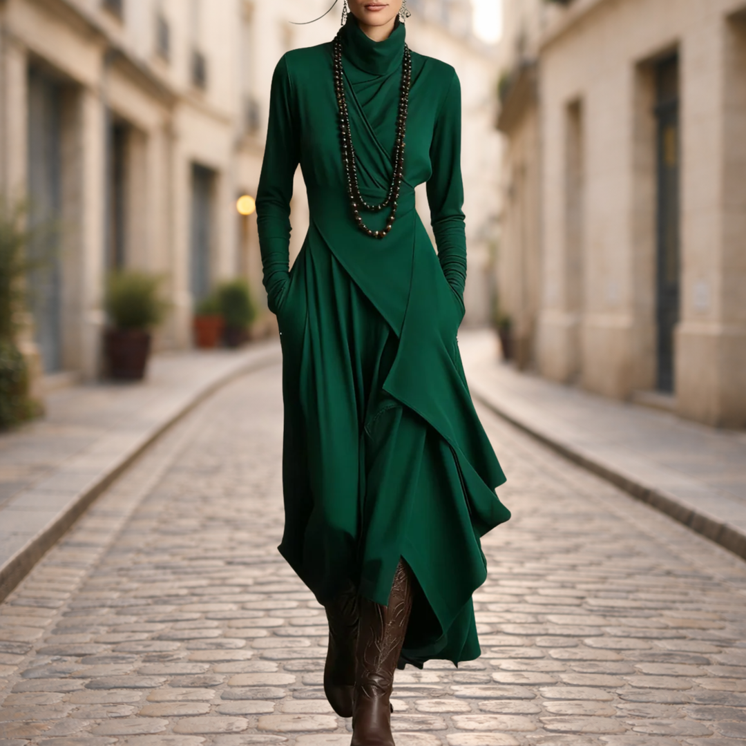 Robe longue asymétrique plissée col montant femme