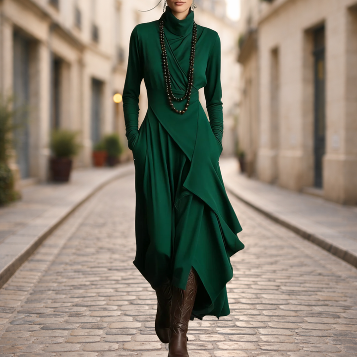 Robe longue asymétrique plissée col montant femme