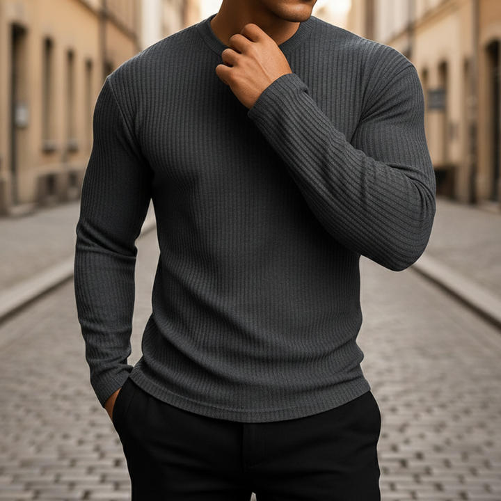 Suéter de punto acanalado de manga larga con cuello redondo para hombres