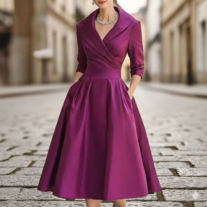 Robe mi-longue en satin pour femme, portefeuille, manches trois-quarts, coupe évasée avec poche