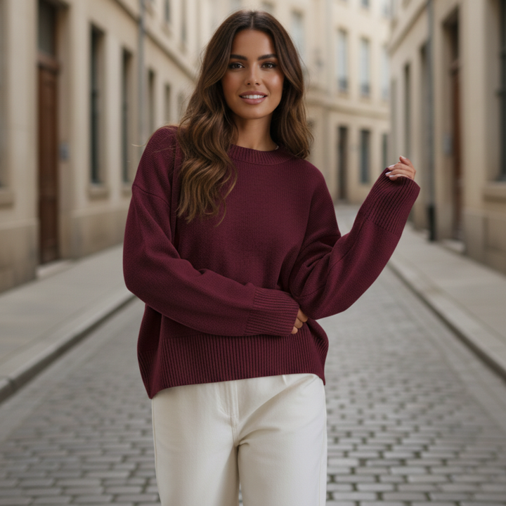 Suéter de punto oversized de cuello redondo y manga larga para mujeres