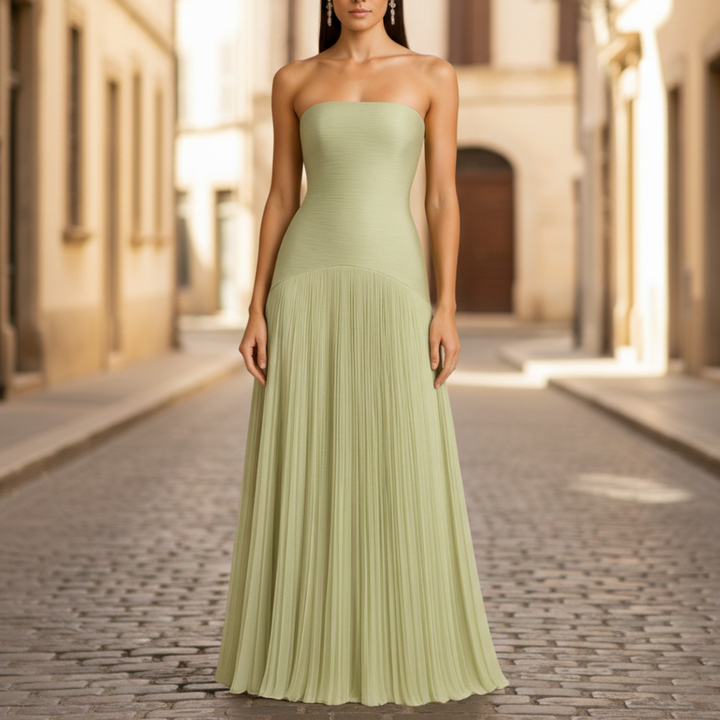 Women's Strapless Maxi Dress Pleated Wedding Guest