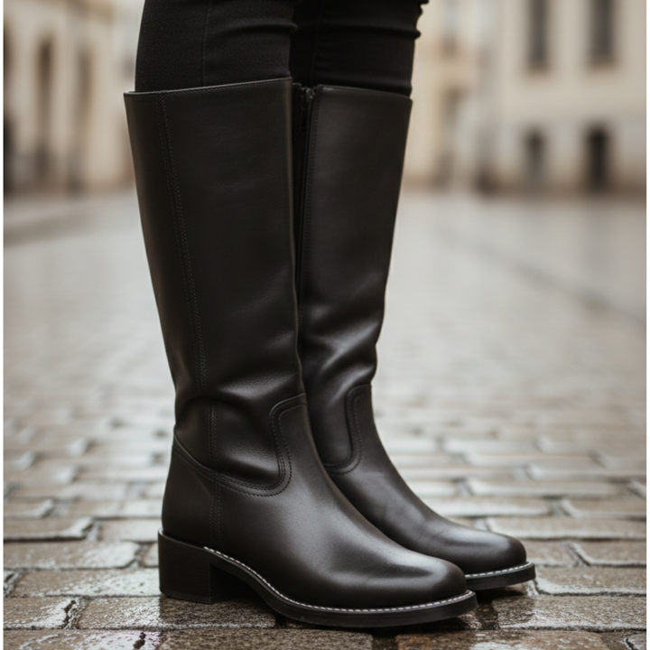 Bottes hautes en cuir synthétique à talon carré pour femmes