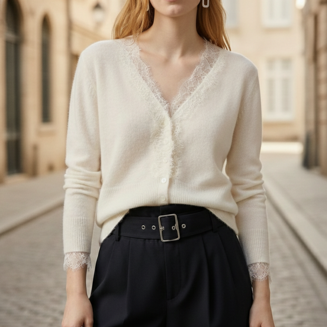 Cardigan à col en V avec bordure en dentelle et manches longues pour femme