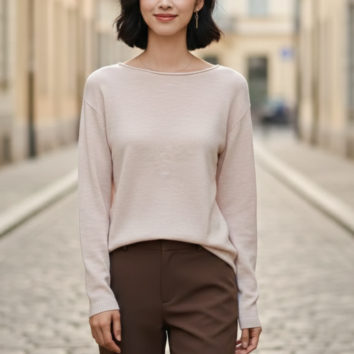 Suéter de punto ligero de cuello redondo de manga larga para mujer