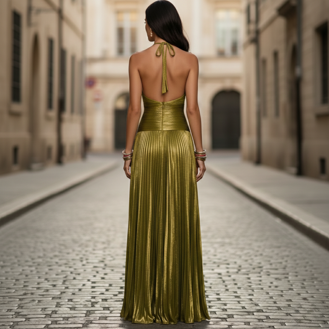 Robe maxi plissée métallique à bretelles pour femme