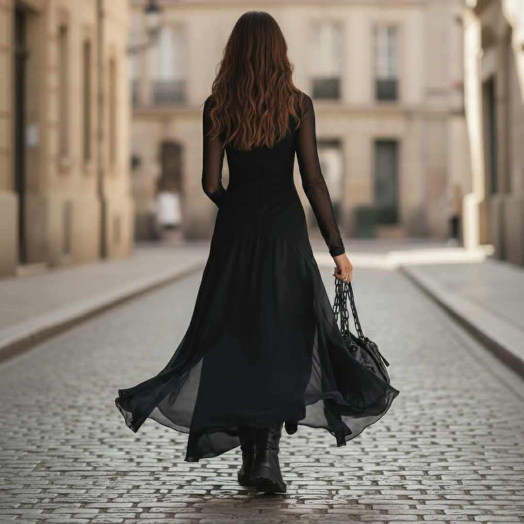 Vestido Maxi Ajuste Suelto Tul Manga Larga Mujeres