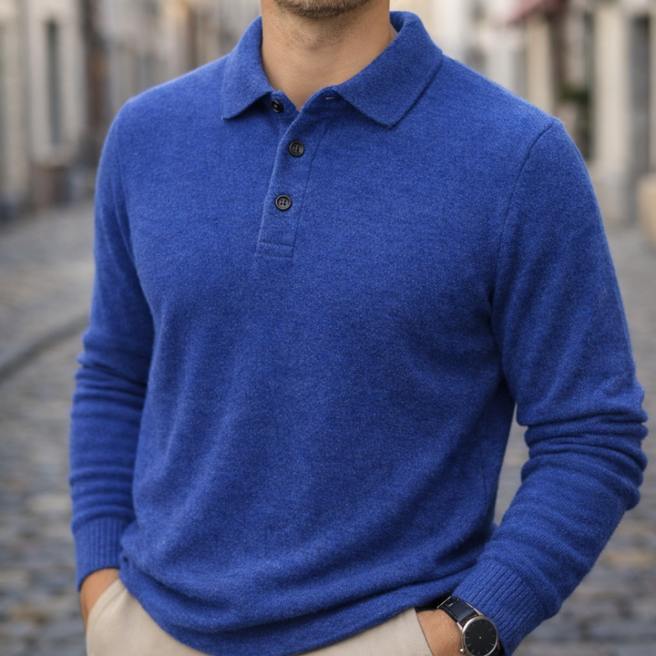 Camisa Polo de Cachemira de Manga Larga Tejida para Hombre Color Beige con Cuello