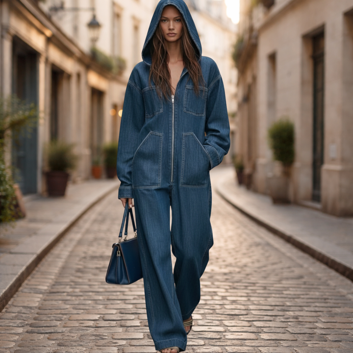 Combinaison en jean à capuche manches longues décontractée pour femme