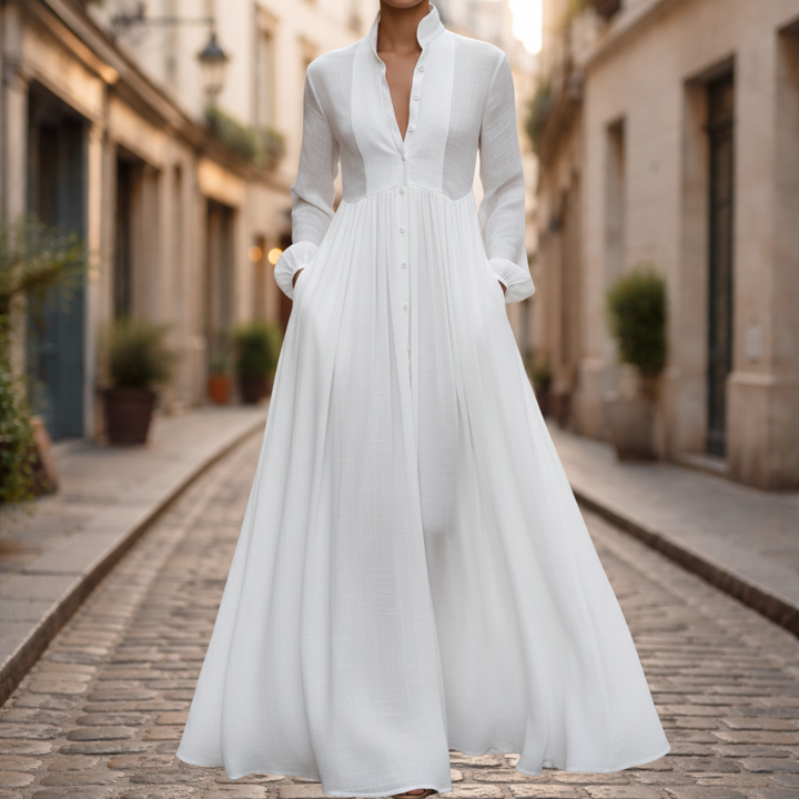 Vestido Maxi de Algodón y Lino con Parches de Cuello Alto y Manga Larga para Mujeres
