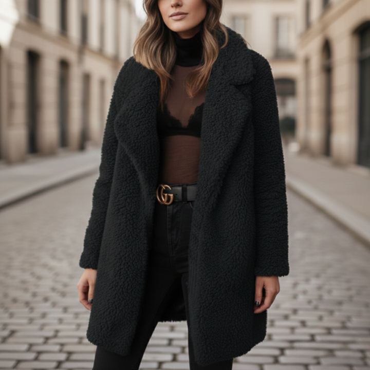 Manteau en peluche à manches longues avec col pour femmes