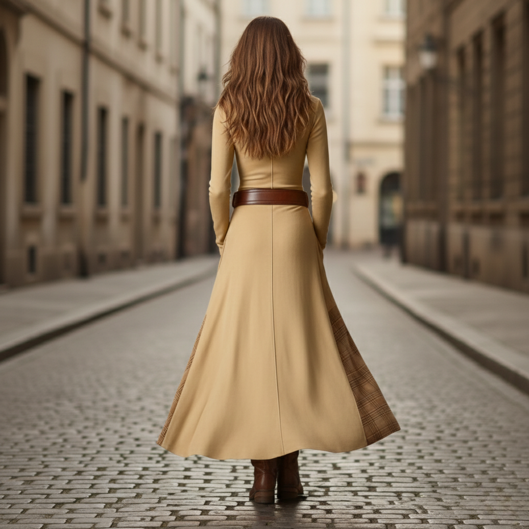 Vestido Maxi de Ante a Cuadros de Manga Larga para Mujeres