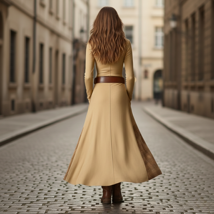 Vestido Maxi de Ante a Cuadros de Manga Larga para Mujeres