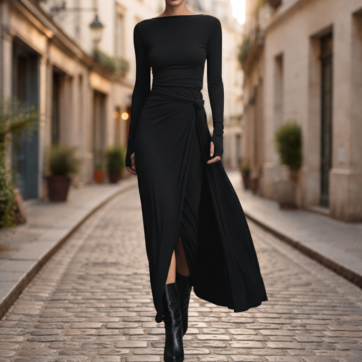 Vestido Maxi con Nudo Lateral de Manga Larga para Mujeres