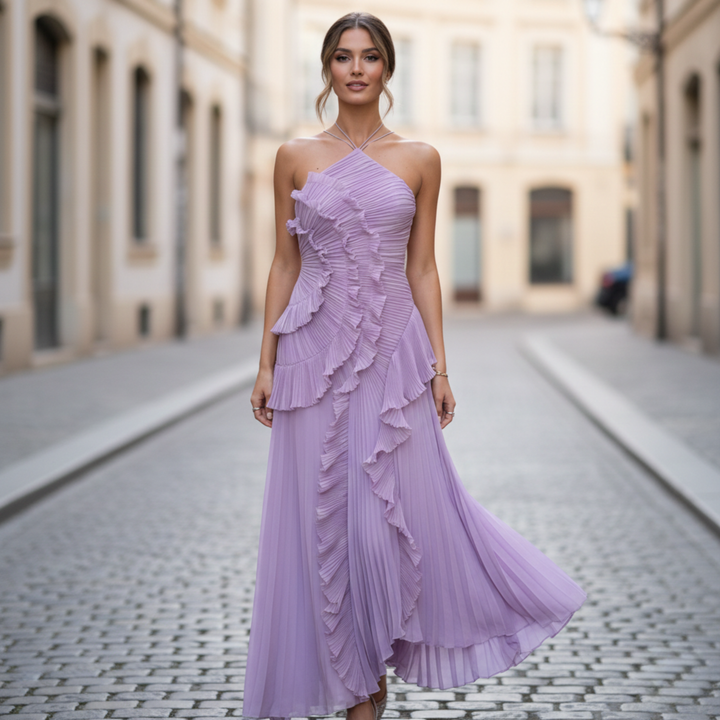 Robe longue pour femme à col licou avec volants plissés