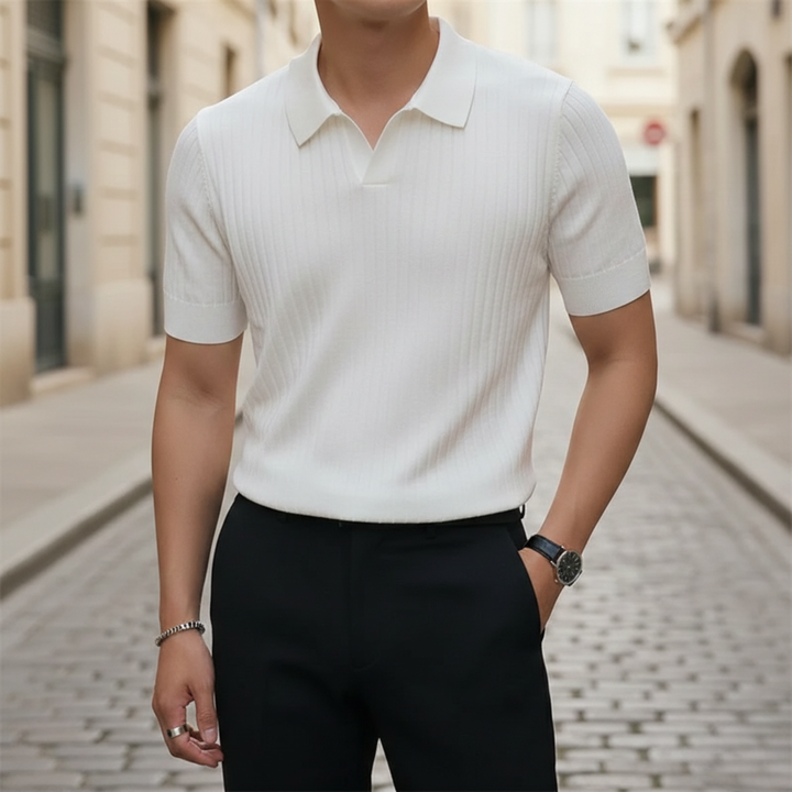 Camisa Polo de Punto de Manga Corta Acanalada Ajustada para Hombre Casual