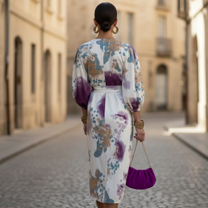 Vestido Midi de Cuello en V de Manga Larga Impreso para Mujeres