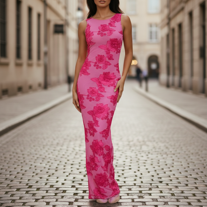 Robe de soirée longue sans manches à fleurs rose pour femme