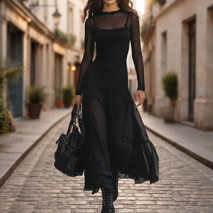Robe longue ample en tulle pour femme à manches longues