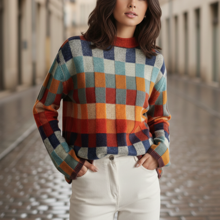 Pull à col roulé en tricot patchwork à manches longues pour femme