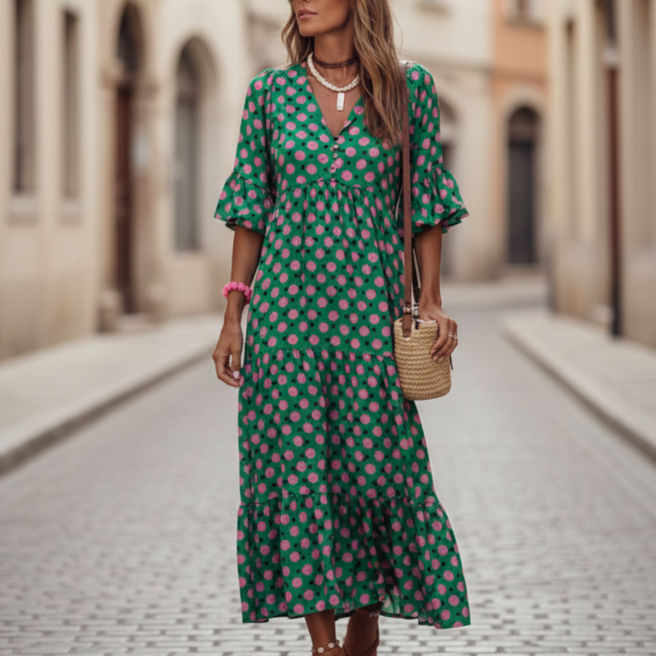 Vestido Midi de Manga Abullonada con Volantes Floral Verde para Mujeres