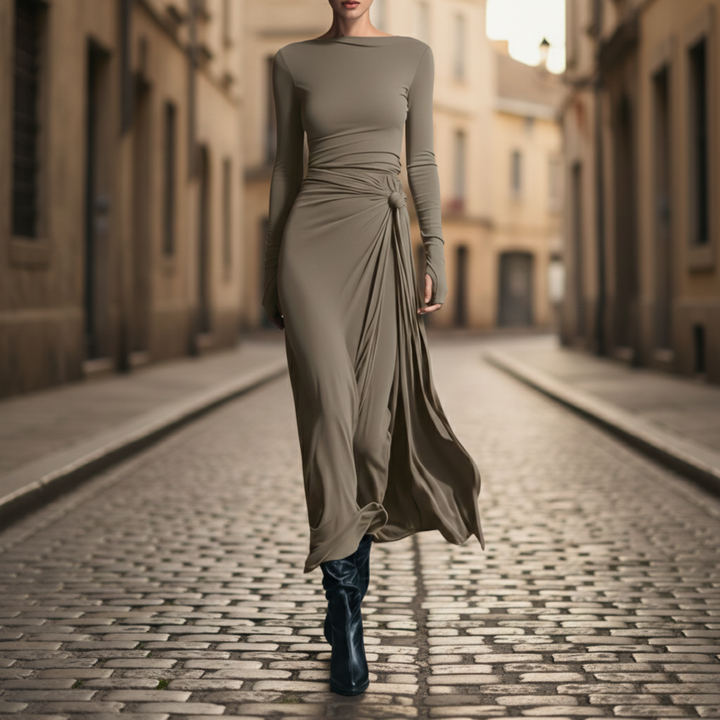 Vestido Maxi Lazo Lateral de Manga Larga hasta el Suelo para Mujeres