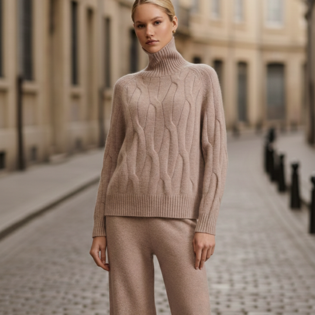Cashmere Sweater Set Turtleneck Cable Knit Women
