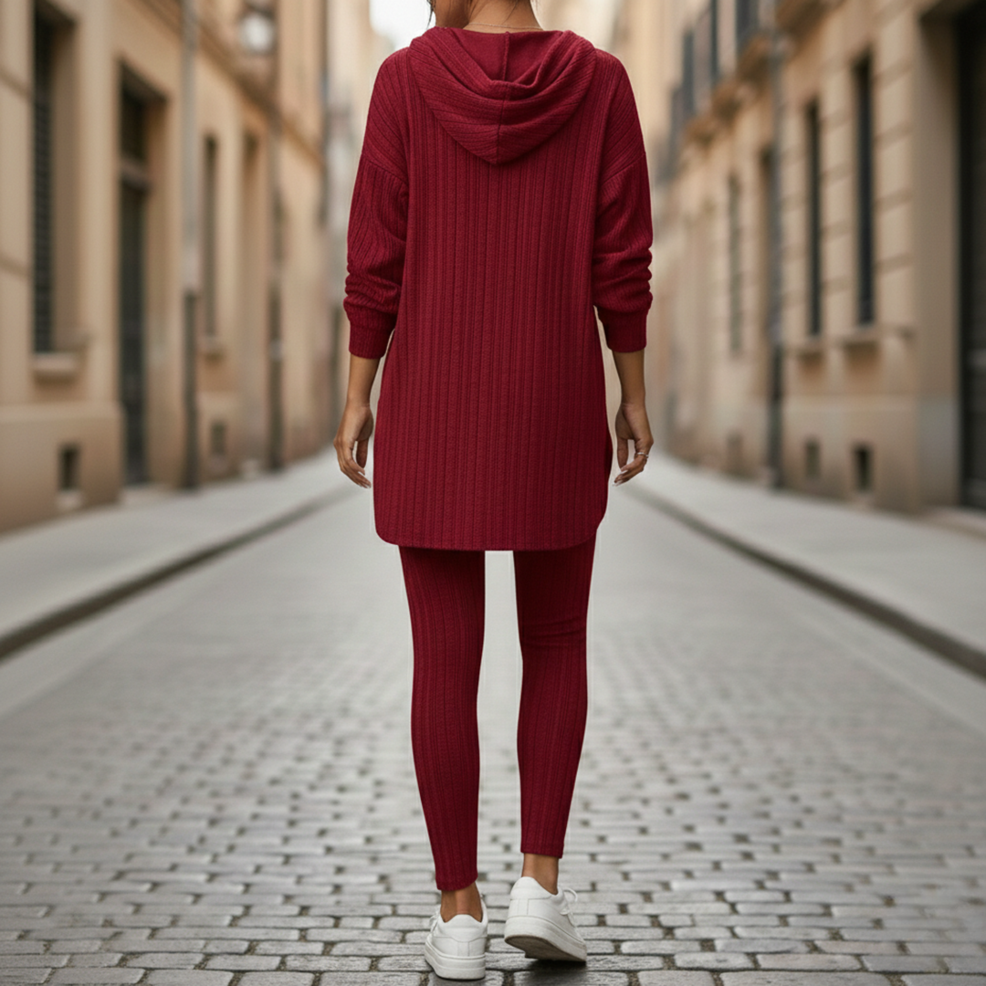 Conjunto de Lounge de Punto Acanalado para Mujeres con Túnica de Manga Larga y Leggings