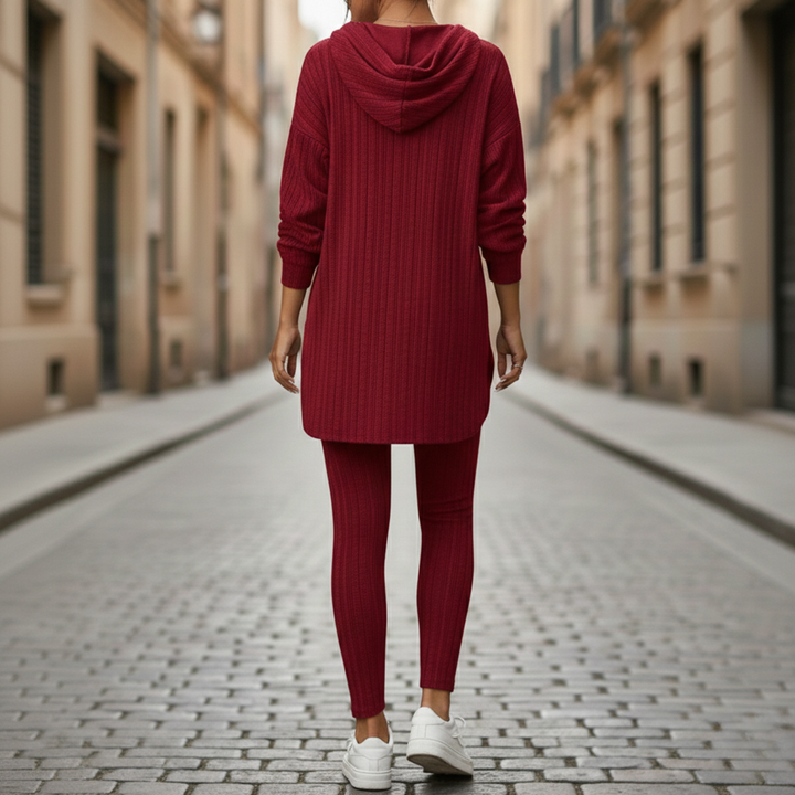 Conjunto de Lounge de Punto Acanalado para Mujeres con Túnica de Manga Larga y Leggings