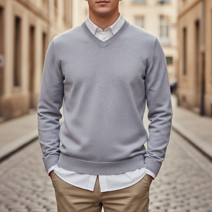 Suéter de Cuello en V de Manga Larga de Punto para Hombre
