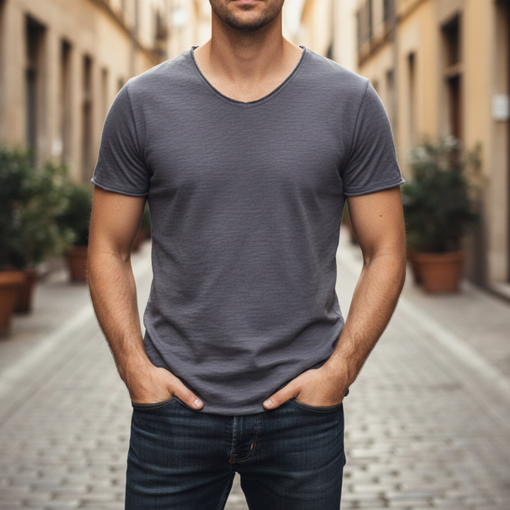 Camiseta de Cuello en V de Manga Corta para Hombre Casual