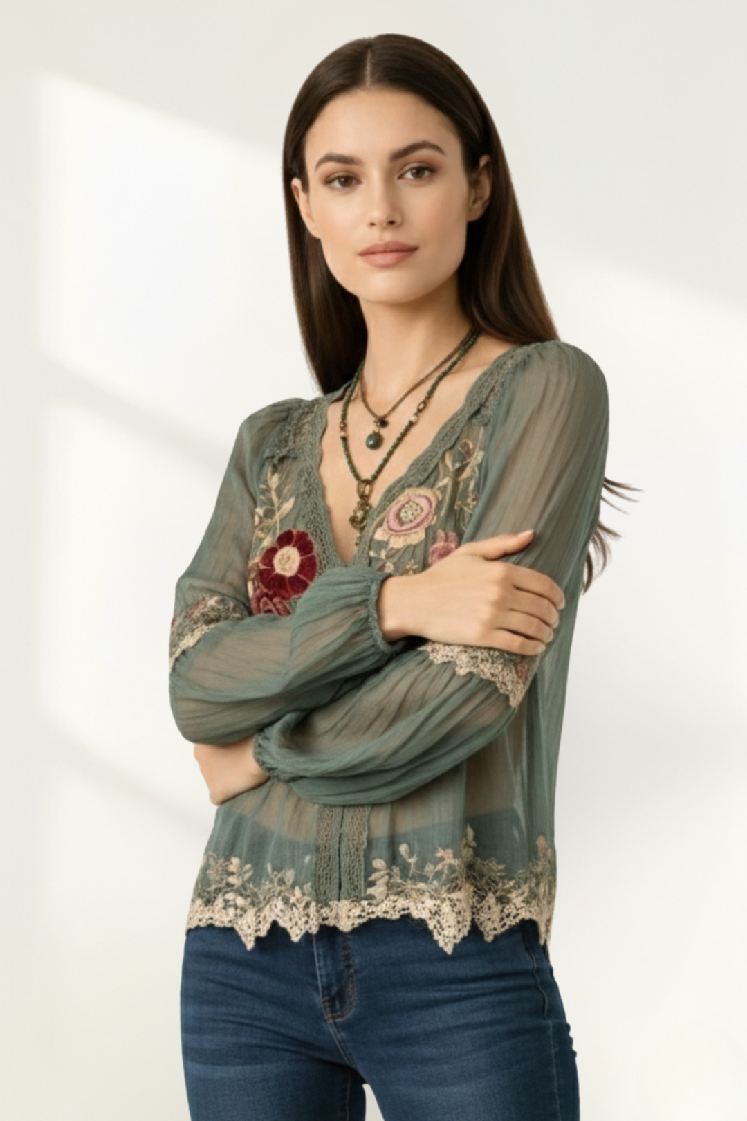 Blusa Floral de Encaje de Chifón para Mujeres