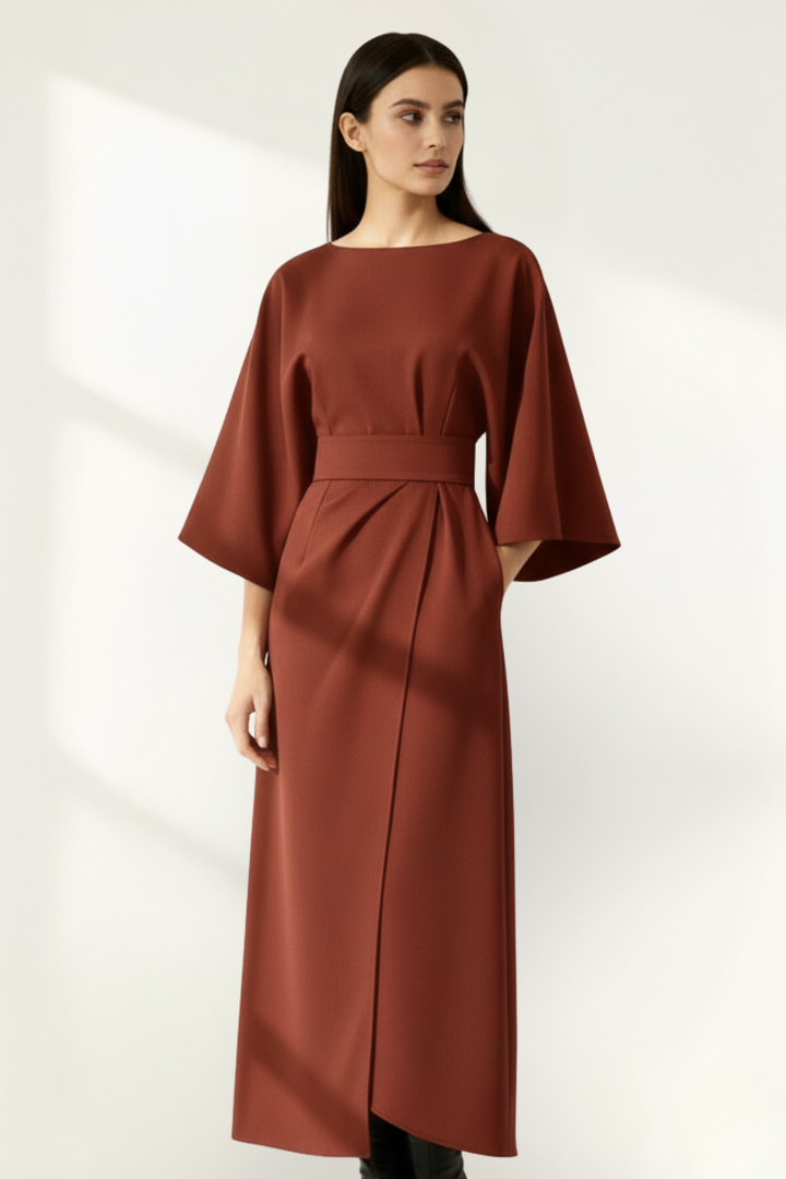 Robe midi ceinturée à manches longues pour femme