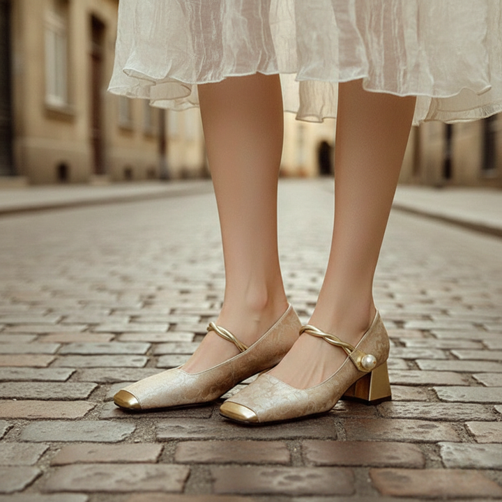 Tacones de Punta Cuadrada con Diseño Floral, Tacón de Bloque, Correa para Mujeres