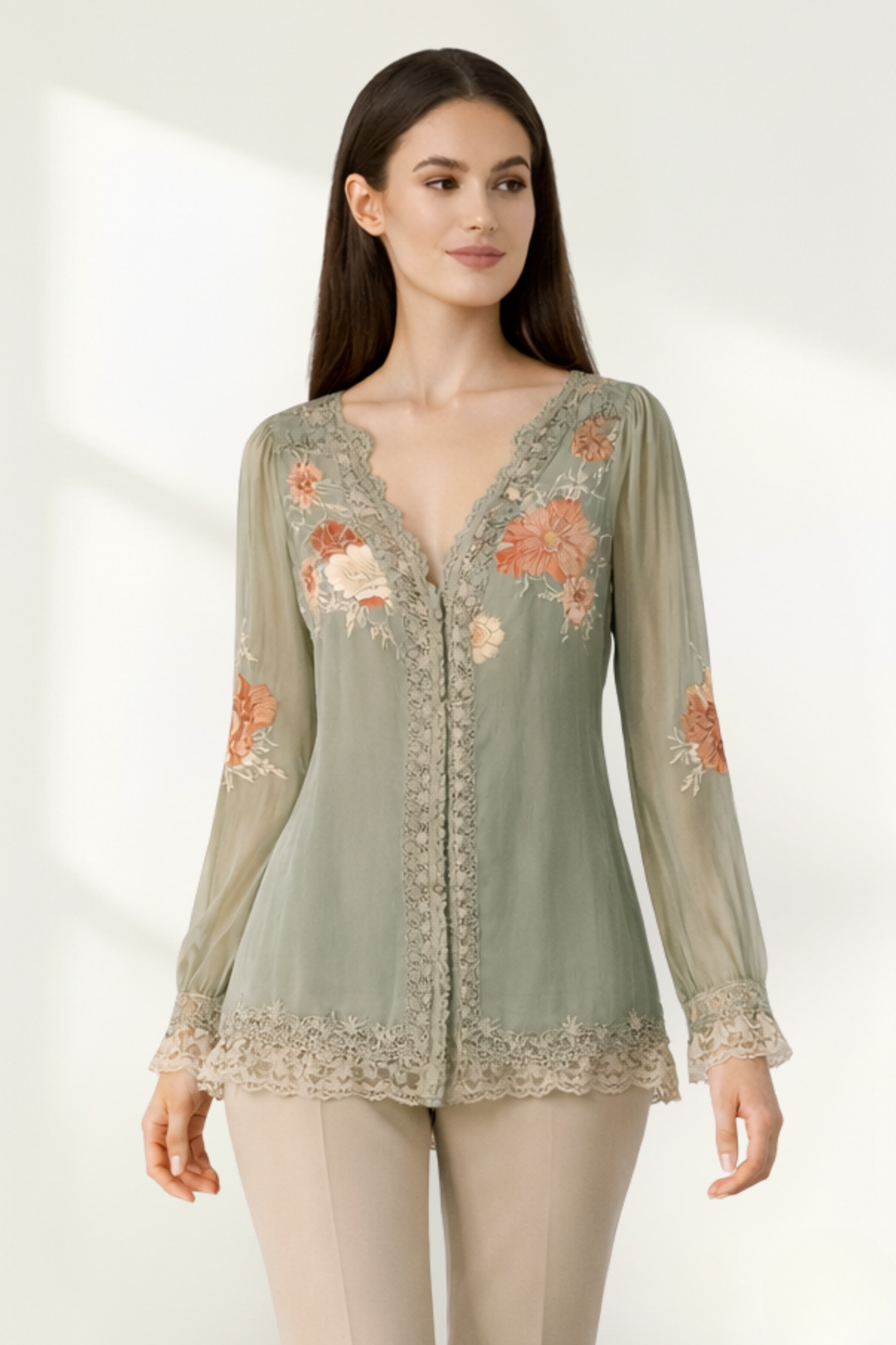 Blusa de Encaje de Gasa Floral de Manga Larga para Mujeres