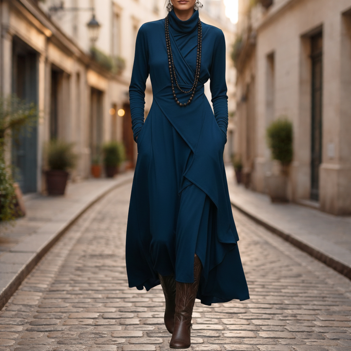 Robe longue asymétrique plissée col montant femme