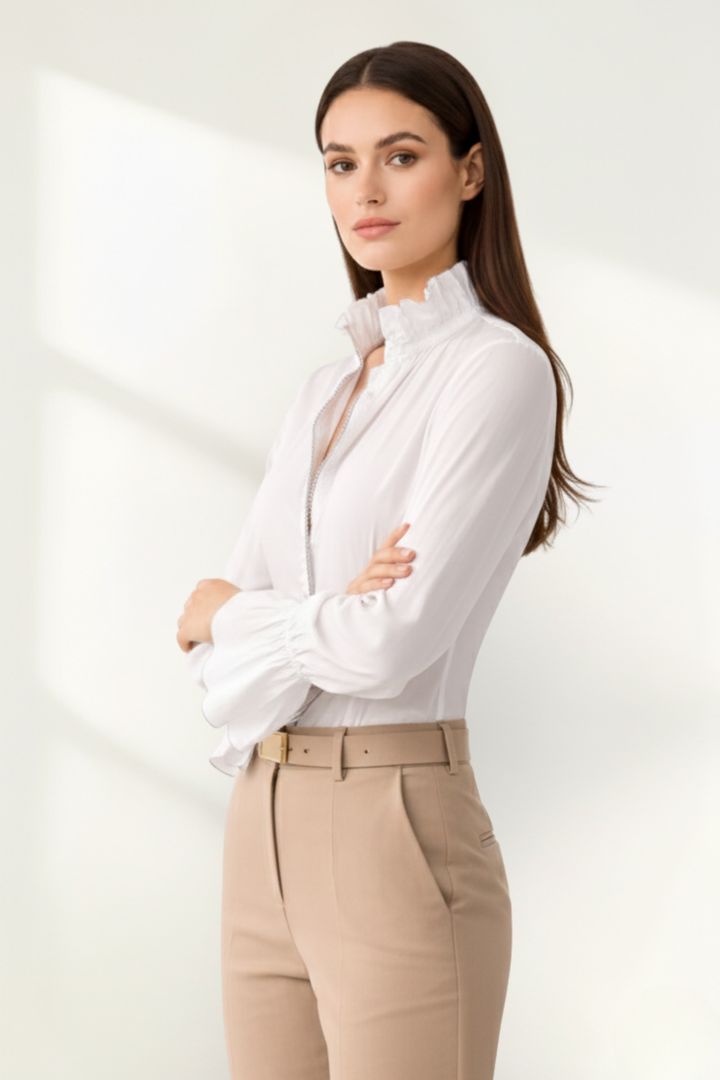 Blouse blanche pour femme à manches longues avec fermeture éclair devant
