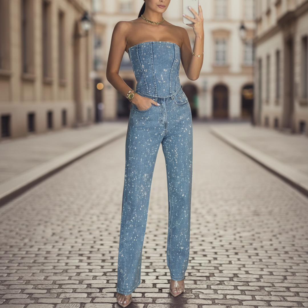 Mono de mujer sin tirantes de pierna ancha con brillo