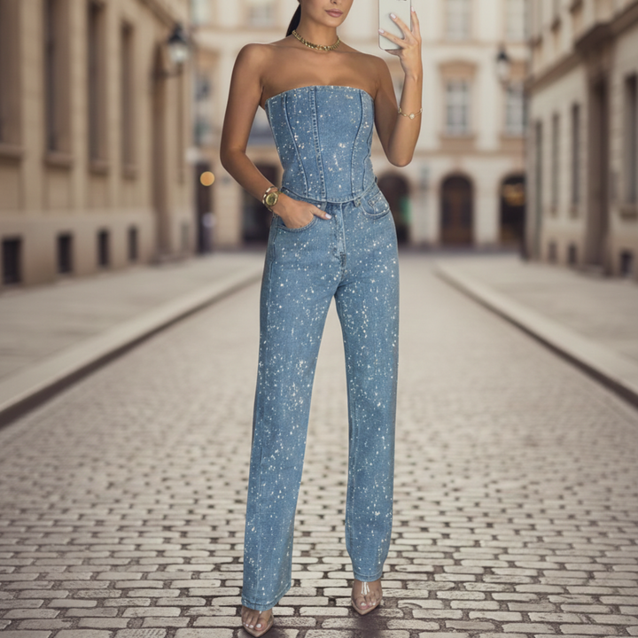 Mono de mujer sin tirantes de pierna ancha con brillo