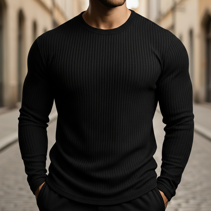 Suéter de punto acanalado de manga larga con cuello redondo para hombres