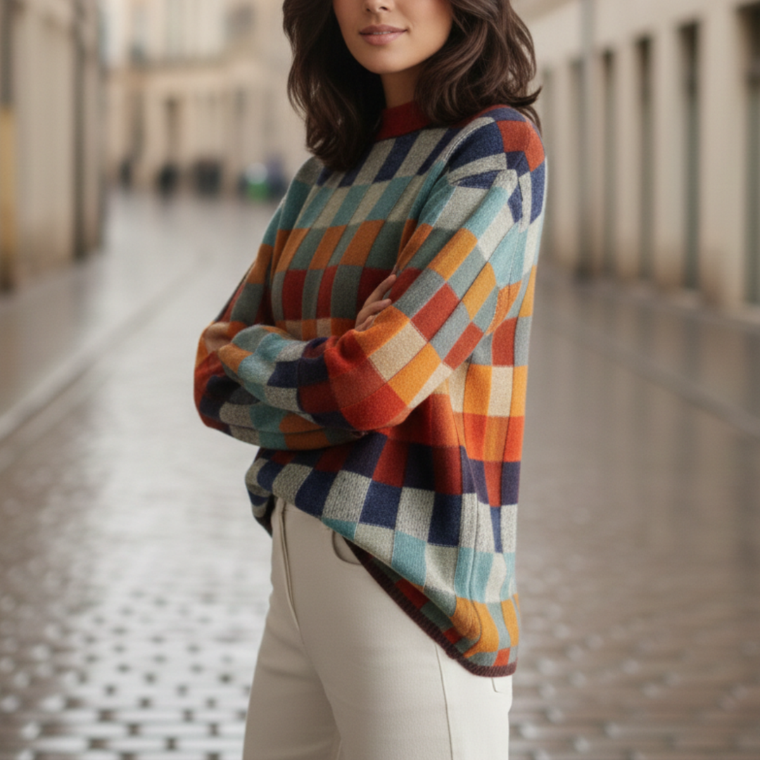 Pull à col roulé en tricot patchwork à manches longues pour femme