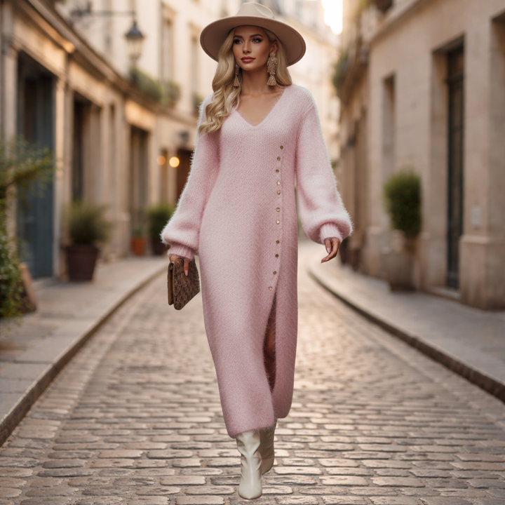 Vestido Midi Efecto Piel Tejido Cuello en V Mujeres