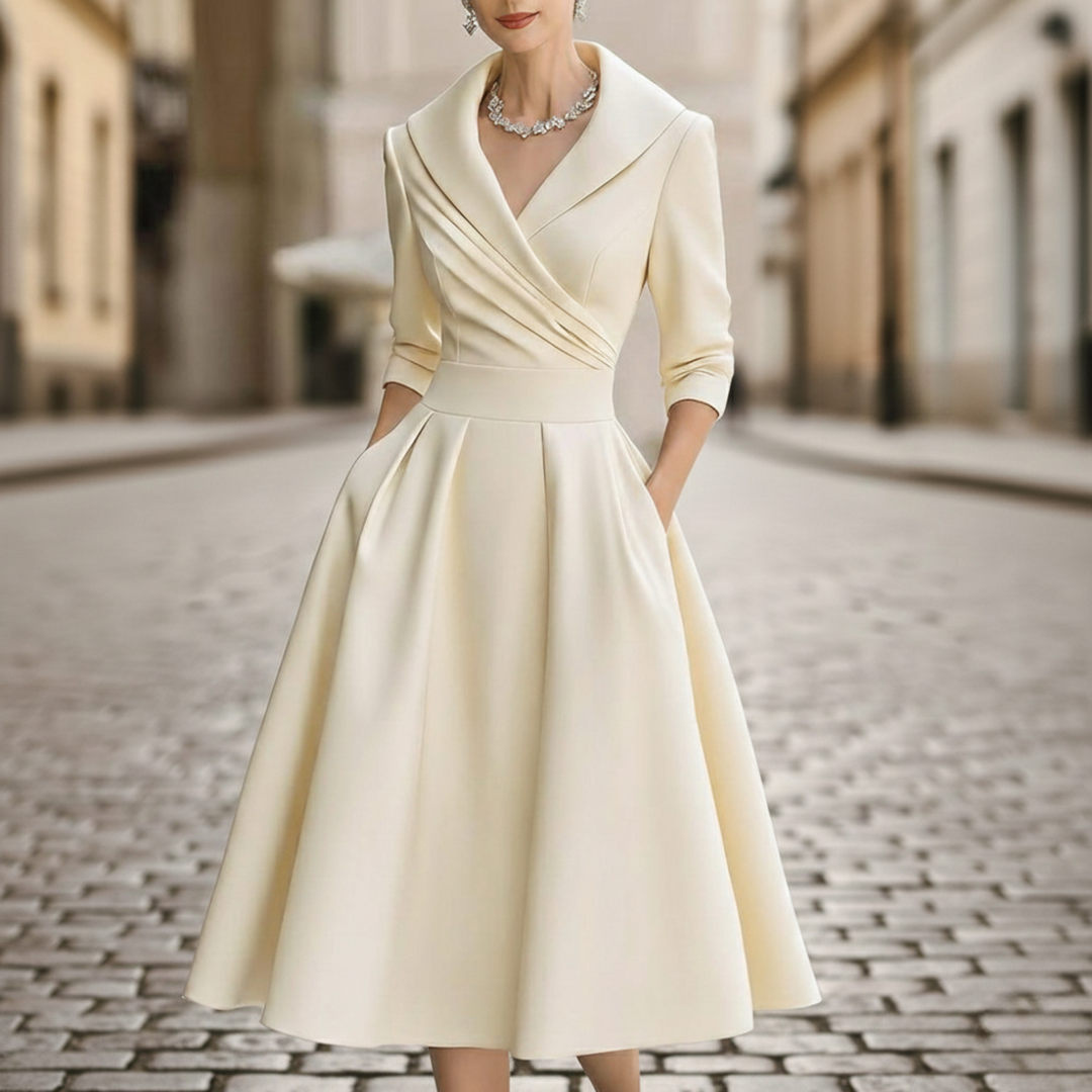 Robe mi-longue en satin pour femme, portefeuille, manches trois-quarts, coupe évasée avec poche