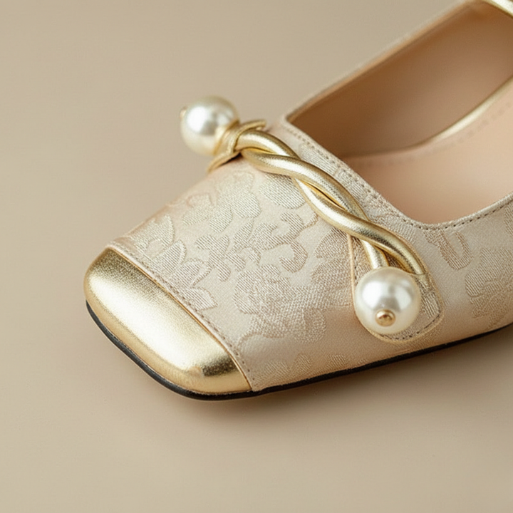 Tacones de Punta Cuadrada con Diseño Floral, Tacón de Bloque, Correa para Mujeres