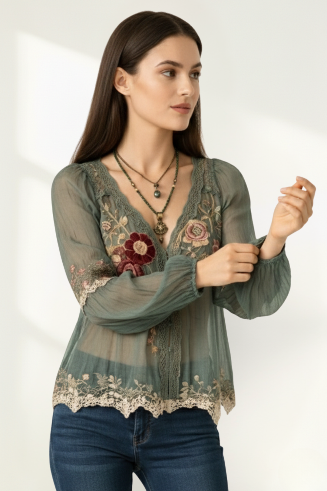 Blusa Floral de Encaje de Chifón para Mujeres