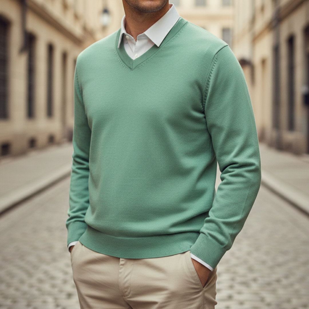 Suéter de Cuello en V de Manga Larga de Punto para Hombre