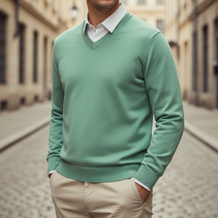 Suéter de Cuello en V de Manga Larga de Punto para Hombre