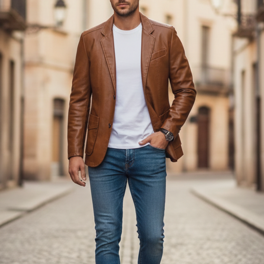 Chaqueta Blazer de Cuero de Un Solo Botón para Hombre