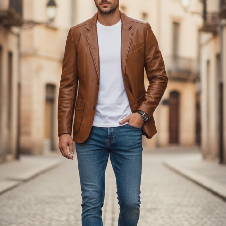 Chaqueta Blazer de Cuero de Un Solo Botón para Hombre