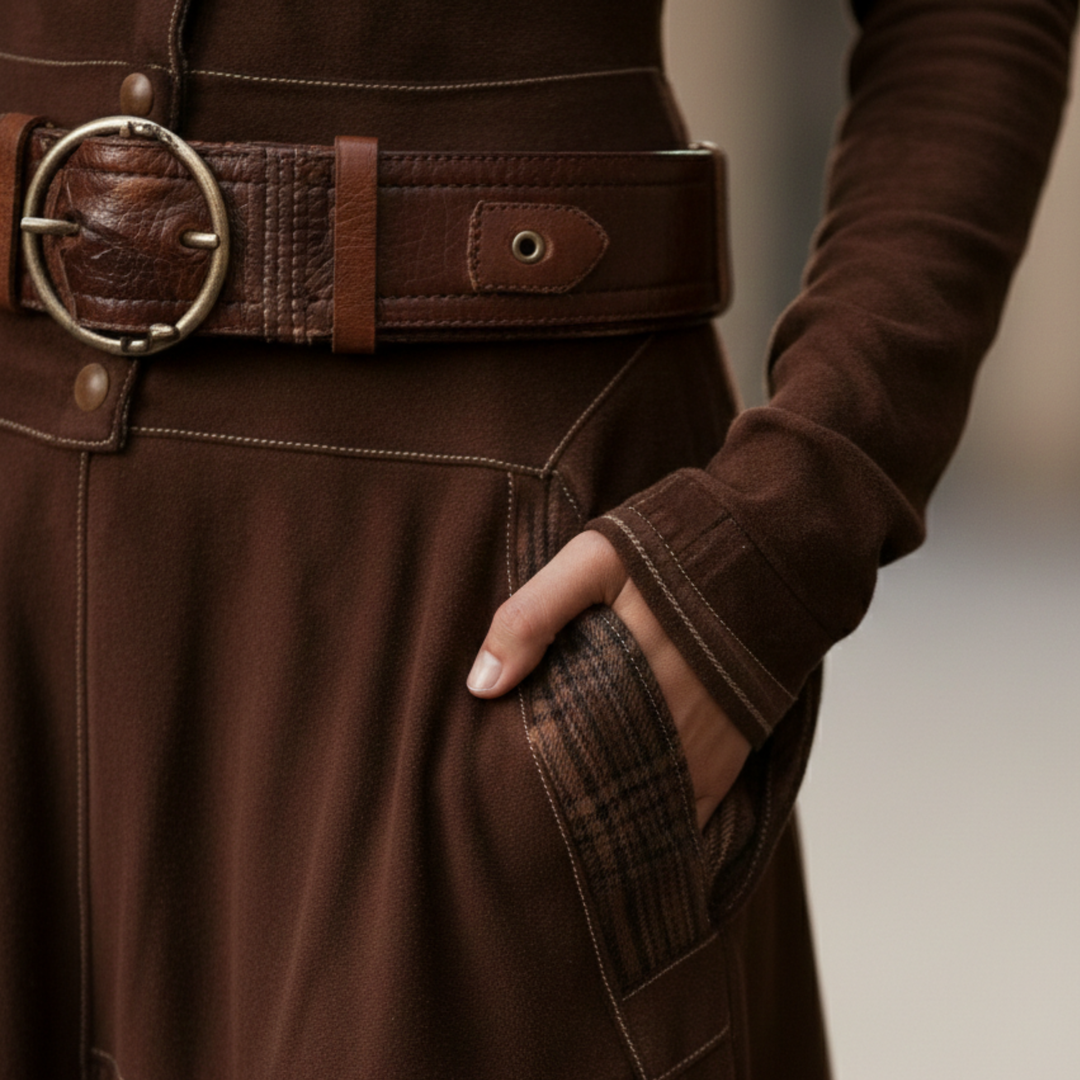 Maxi Dress Suede Plaid Long Sleeve Vintage Women